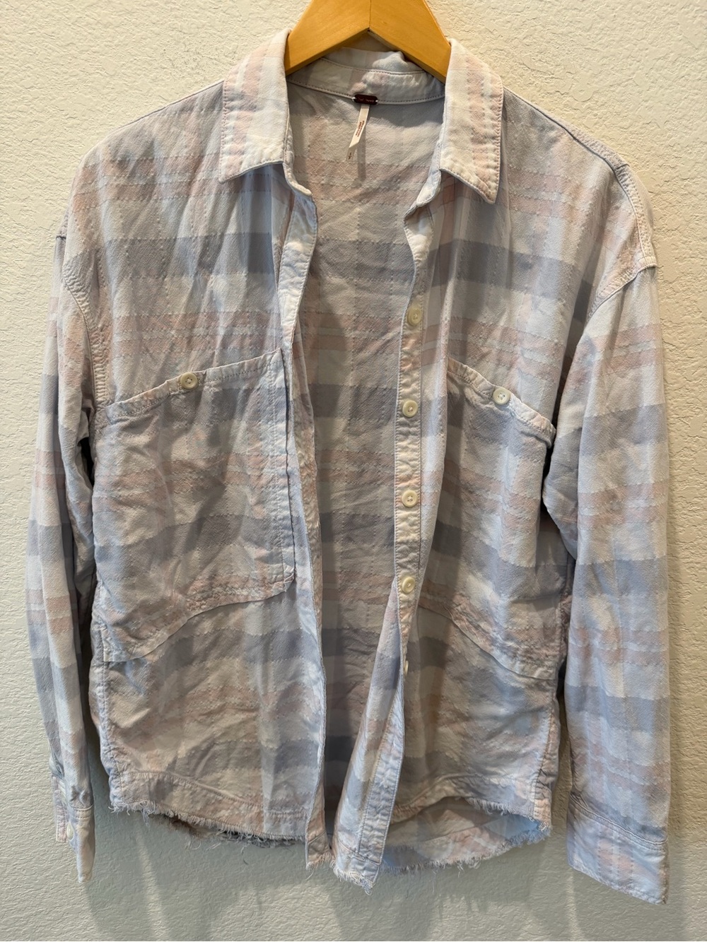 Free People Pastel‎ Plaid Button Down Shirt Raw Hem Oversized Long Sleeve Size S